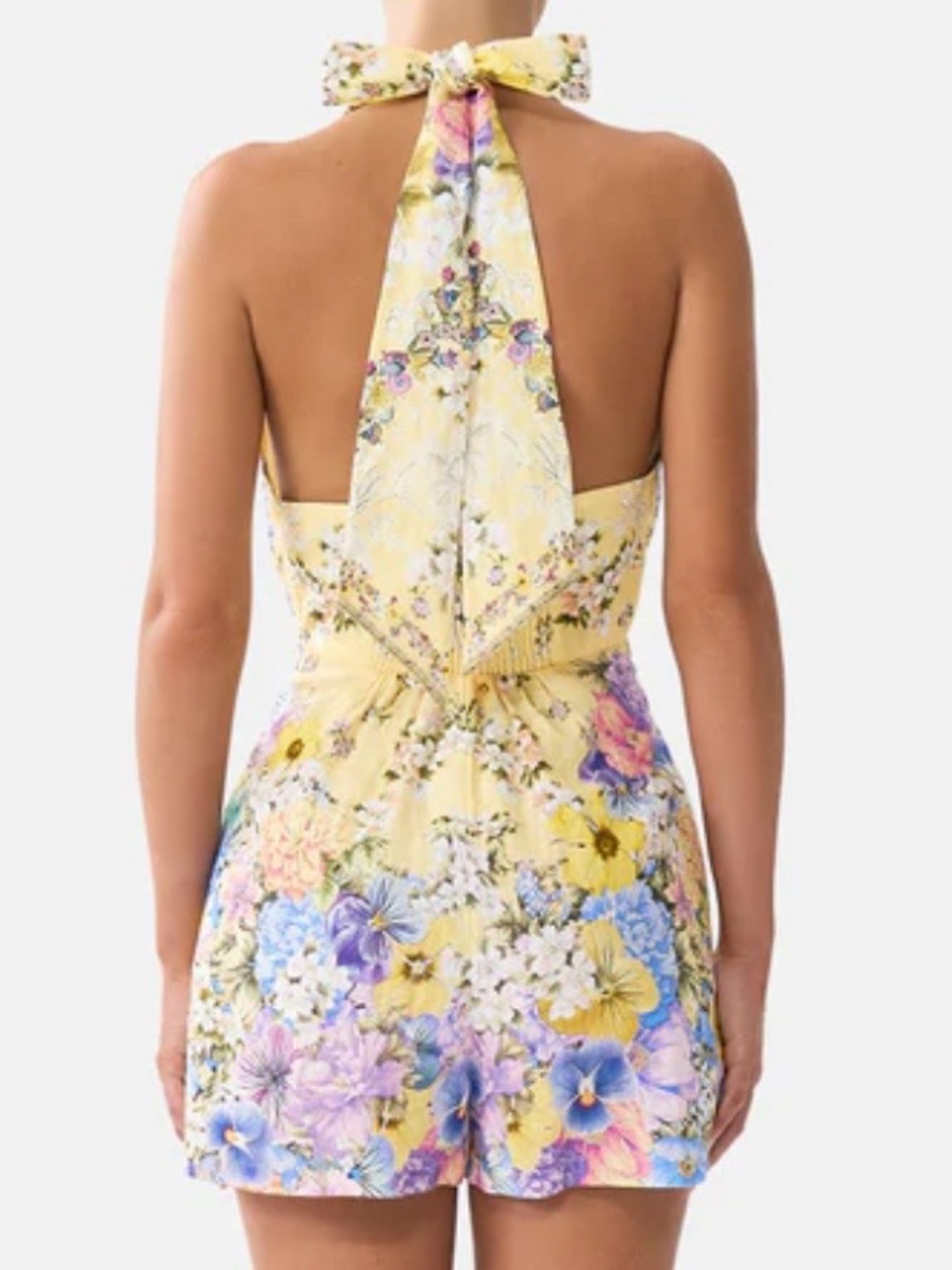 Camilla Designer Darling Buds Halter Romper Yellow and Floral 100% Linen Size XS - Picture 2 of 10